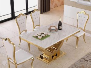 Jual Meja Makan Marmer Kaki Stainless Gold