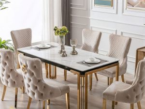 Jual Set Meja Makan Marmer Stainless Gold