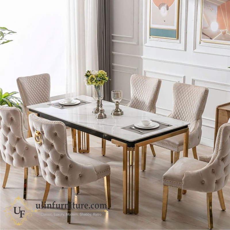 Jual Set Meja Makan Marmer Stainless Gold