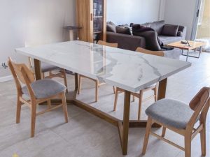 Meja Makan Marmer Kayu Jati Scandinavian