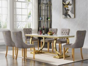 Set Meja Makan Stainless Marmer Mewah