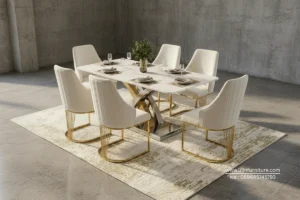 Meja Makan Marmer Putih Kaki Stainless