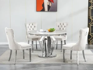Meja Makan Stainless Marmer Bundar 4 Kursi Minimalis