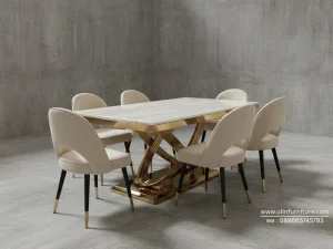 Meja Makan Stainless Marmer Mewah Elegan