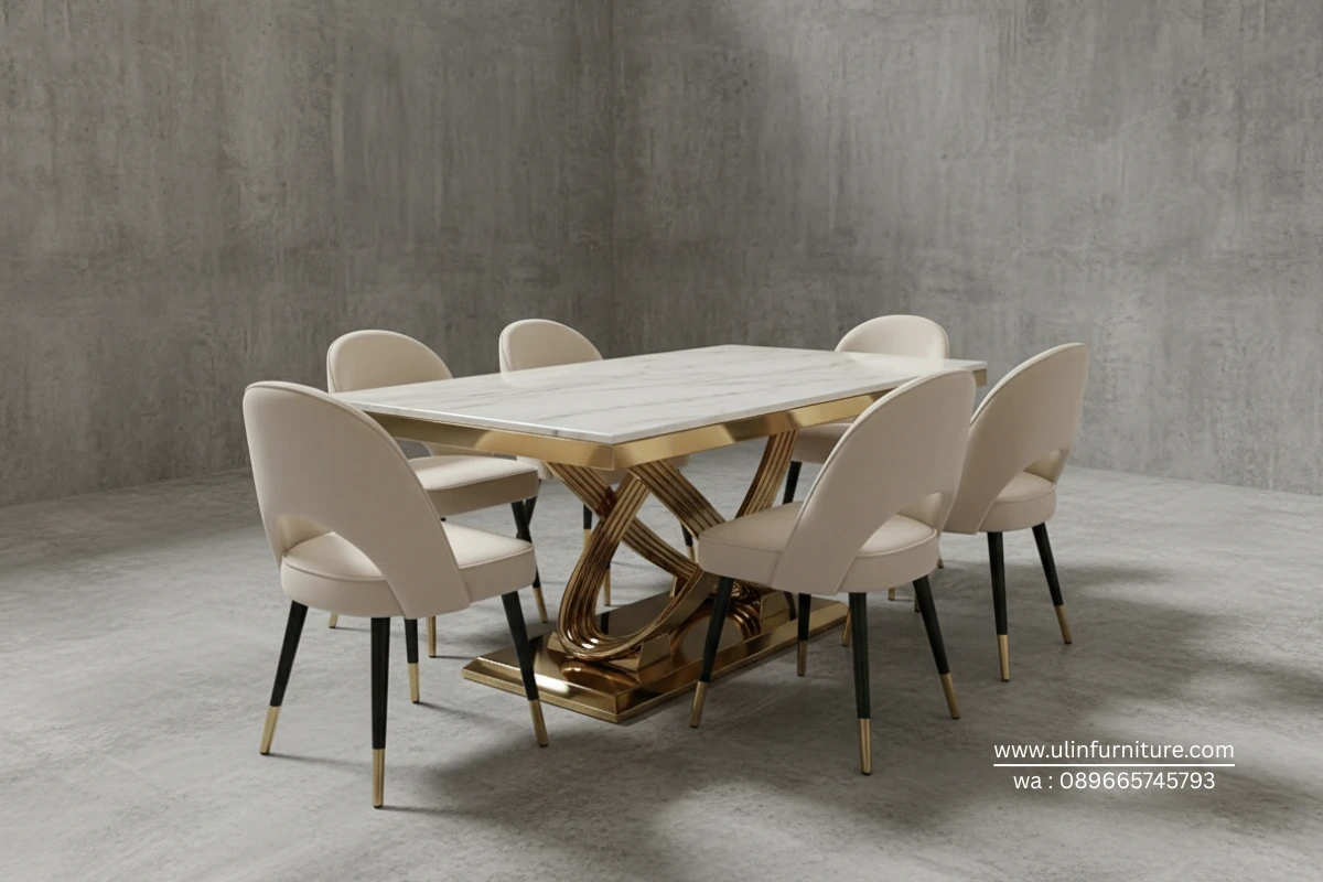 Meja Makan Stainless Marmer Mewah Elegan