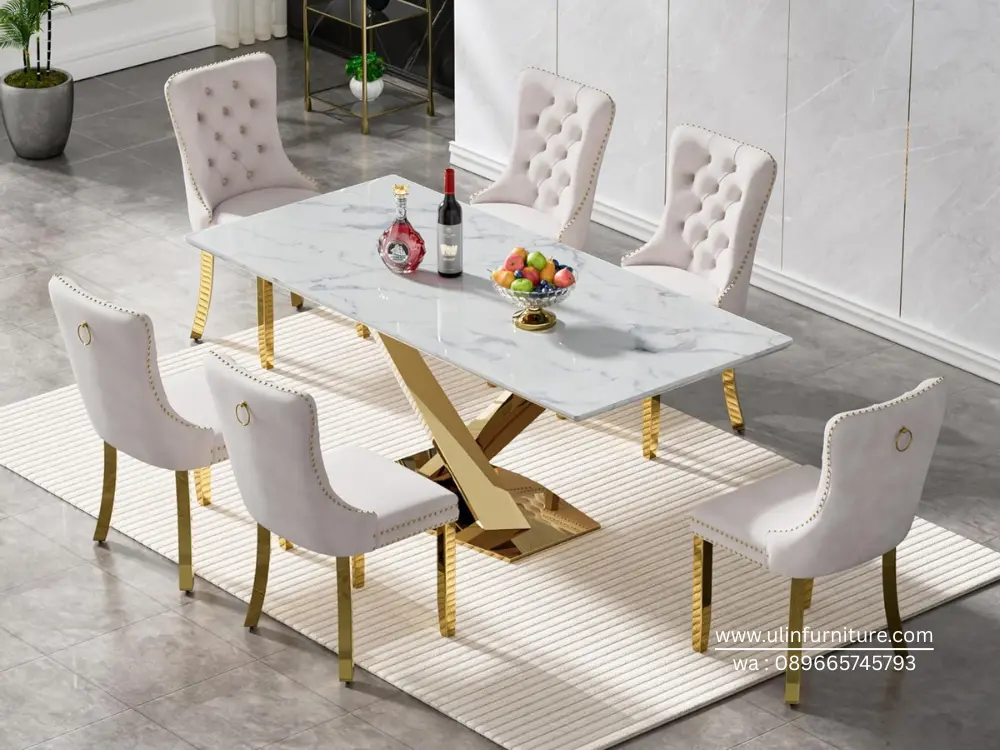 Set Meja Makan Stainless Gold Marmer Putih