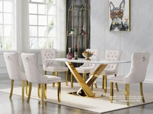 Set Meja Makan Stainless Gold Marmer Putih
