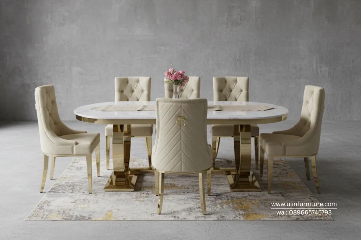 Meja Makan Stainless Gold Marmer Granit Oval