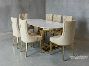 Meja Makan Stainless Gold Marmer Granit Oval