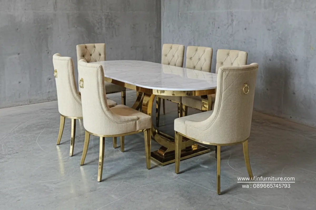 Meja Makan Stainless Gold Marmer Granit Oval