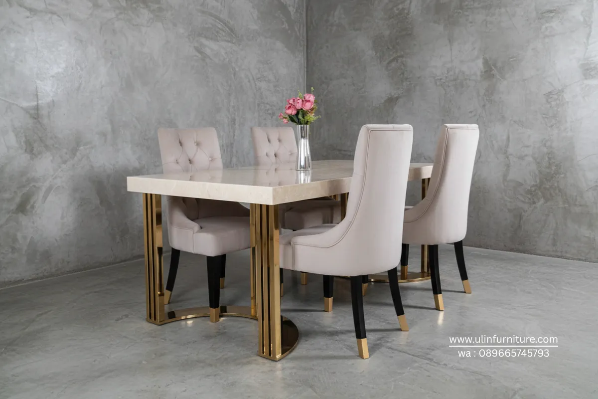 Set Meja Makan Marmer Kaki Stainless 4 Kursi