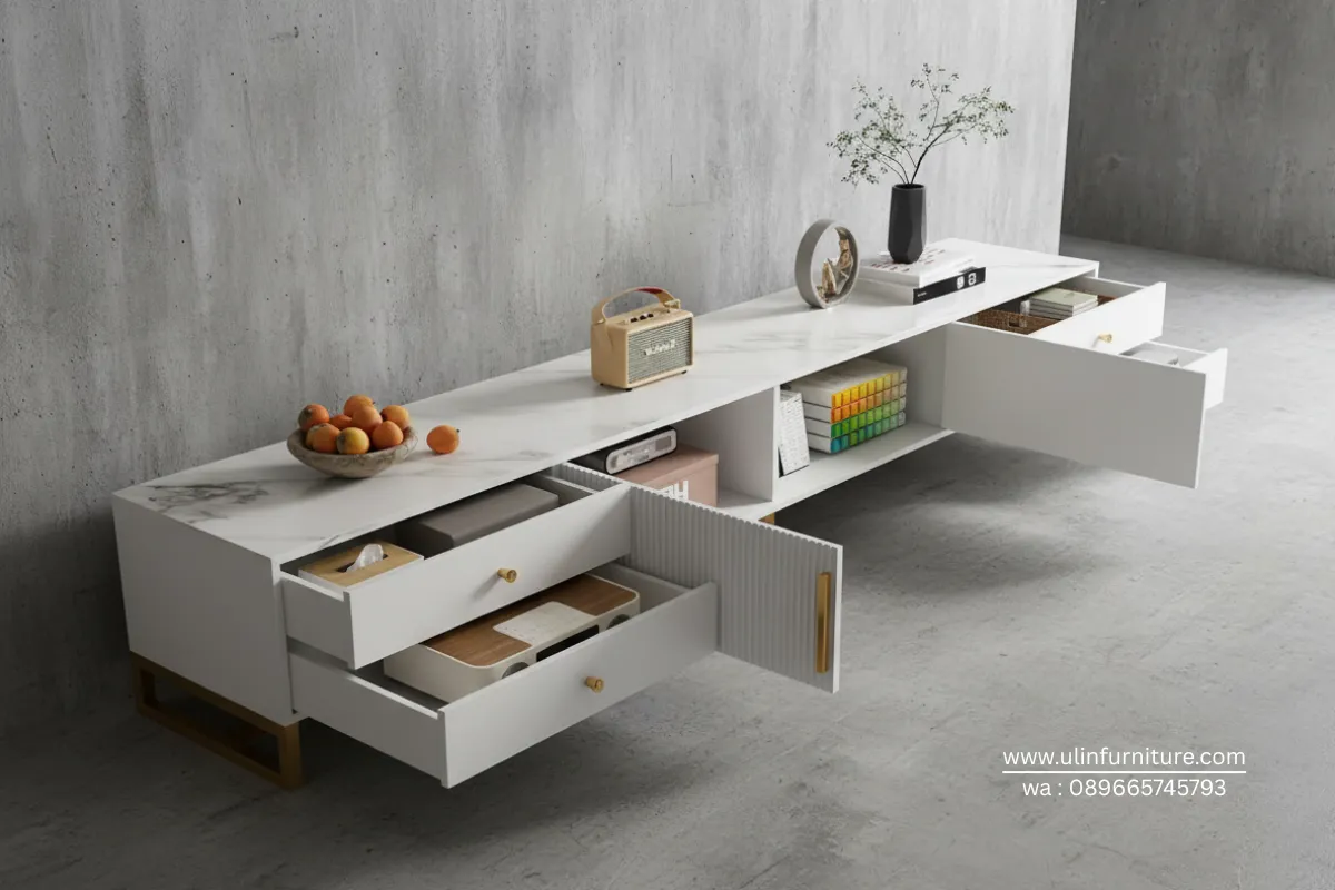 Buffet Meja TV Marmer Minimalis Warna Putih