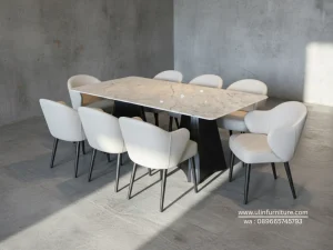 Meja Makan Kayu Jati Top Marmer 8 Kursi
