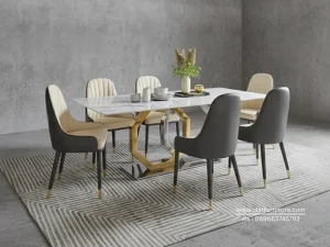 Meja Makan Marmer Mewah Modern Kaki Stainless
