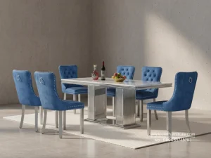Meja Makan Set Mewah Marmer Kaki Stainless 6 Kursi