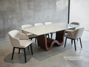 Set Meja Makan Marmer Kaki Kayu Jati Jakarta