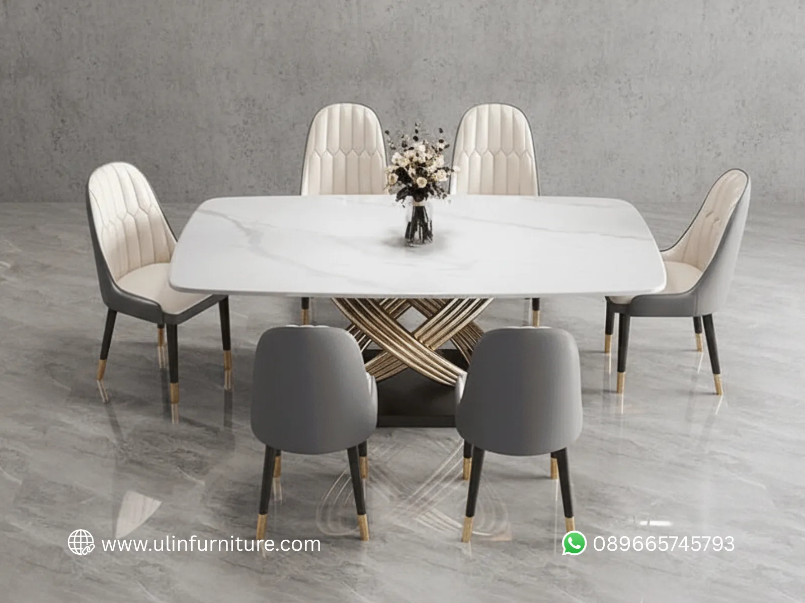 Set Meja Makan Modern Marmer Stainless Mewah