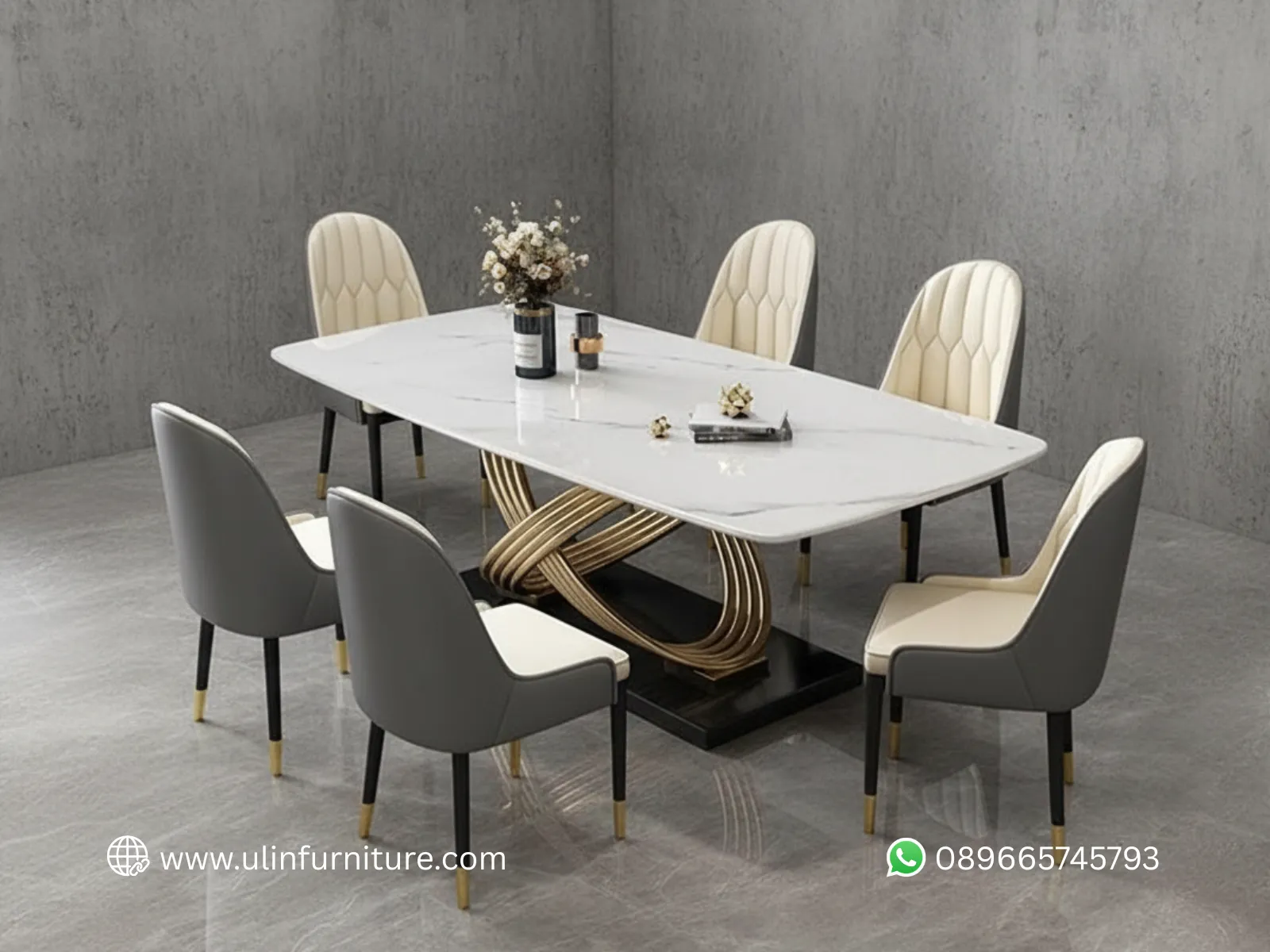 Set Meja Makan Modern Marmer Stainless Mewah