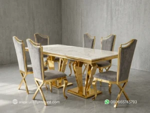 Meja Makan Mewah Marmer Stainless Gold Modern