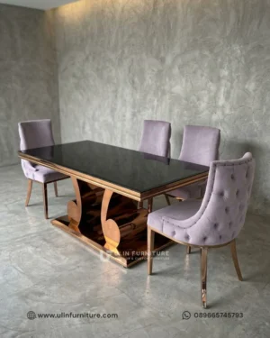 Meja Makan Marmer Kaki Stainless Rose Gold Mewah Modern
