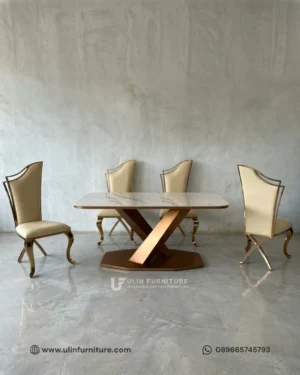 Meja Makan Marmer Kaki X Stainless Gold