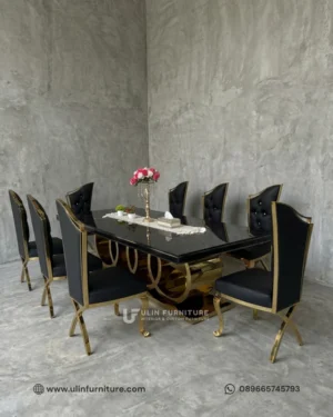 Set Meja Makan Marmer Hitam Mewah 8 Kursi
