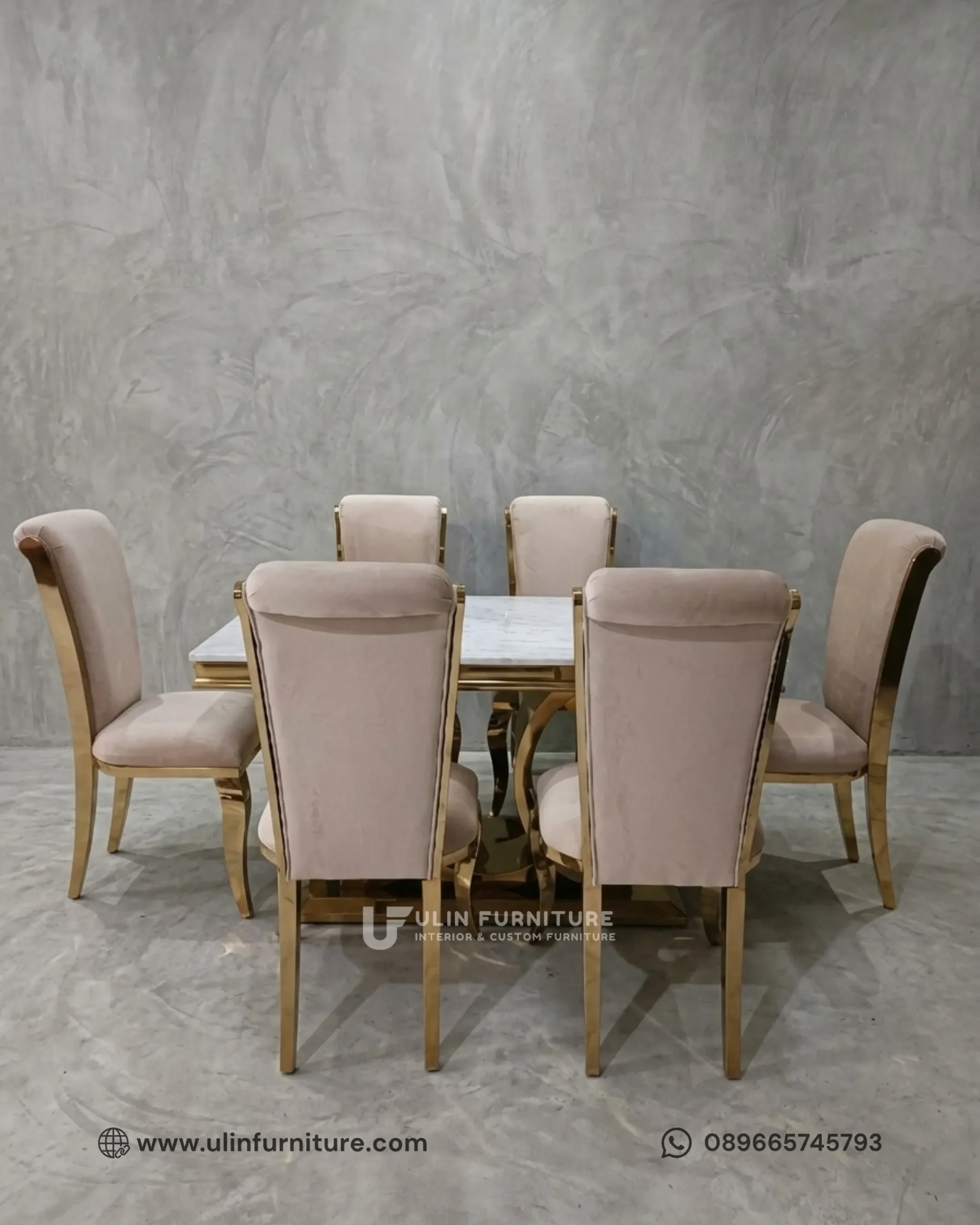 Set Meja Makan Marmer Putih Kaki Stainless Emas