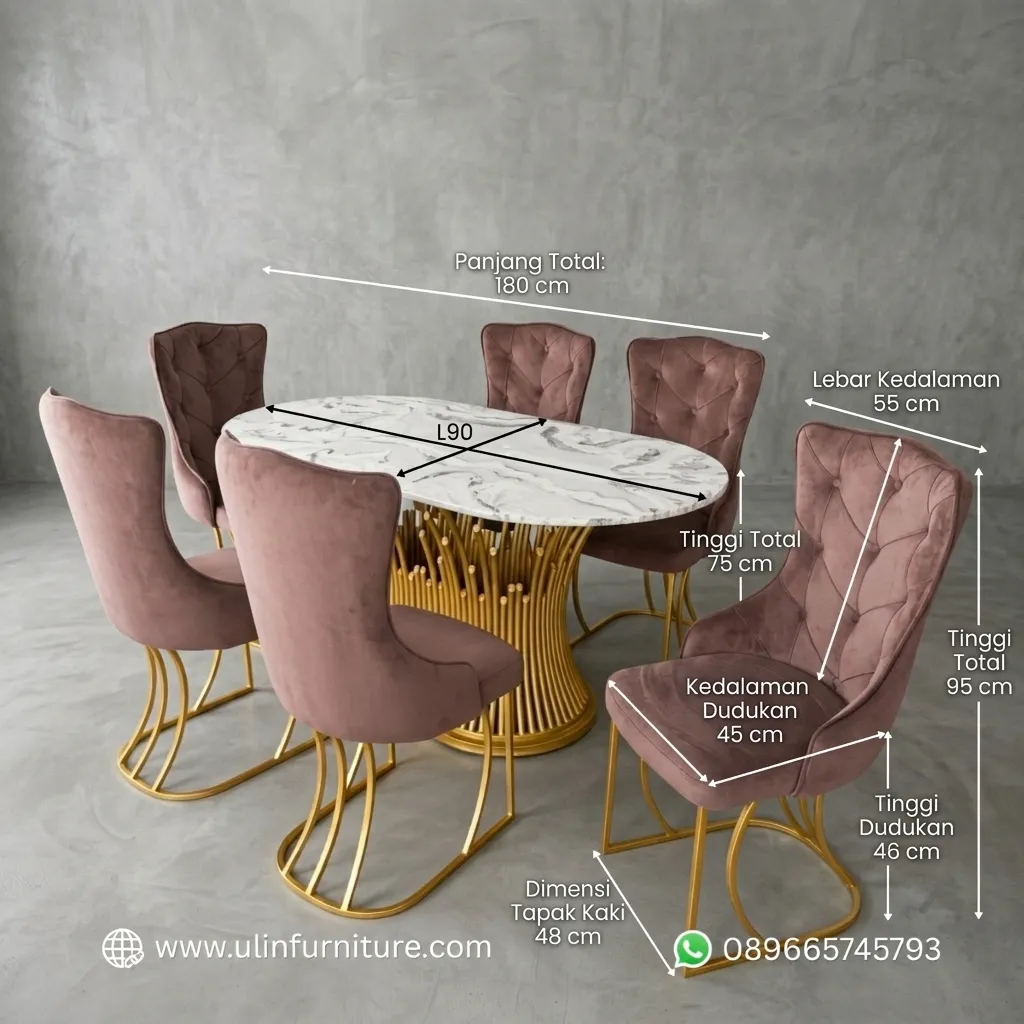 Ukuran Set Meja Makan Kaki Besi Mewah 6 Kursi